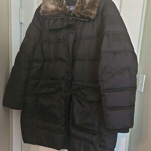 Lands' End Black Puffer Jacket with Faux Fur Collar